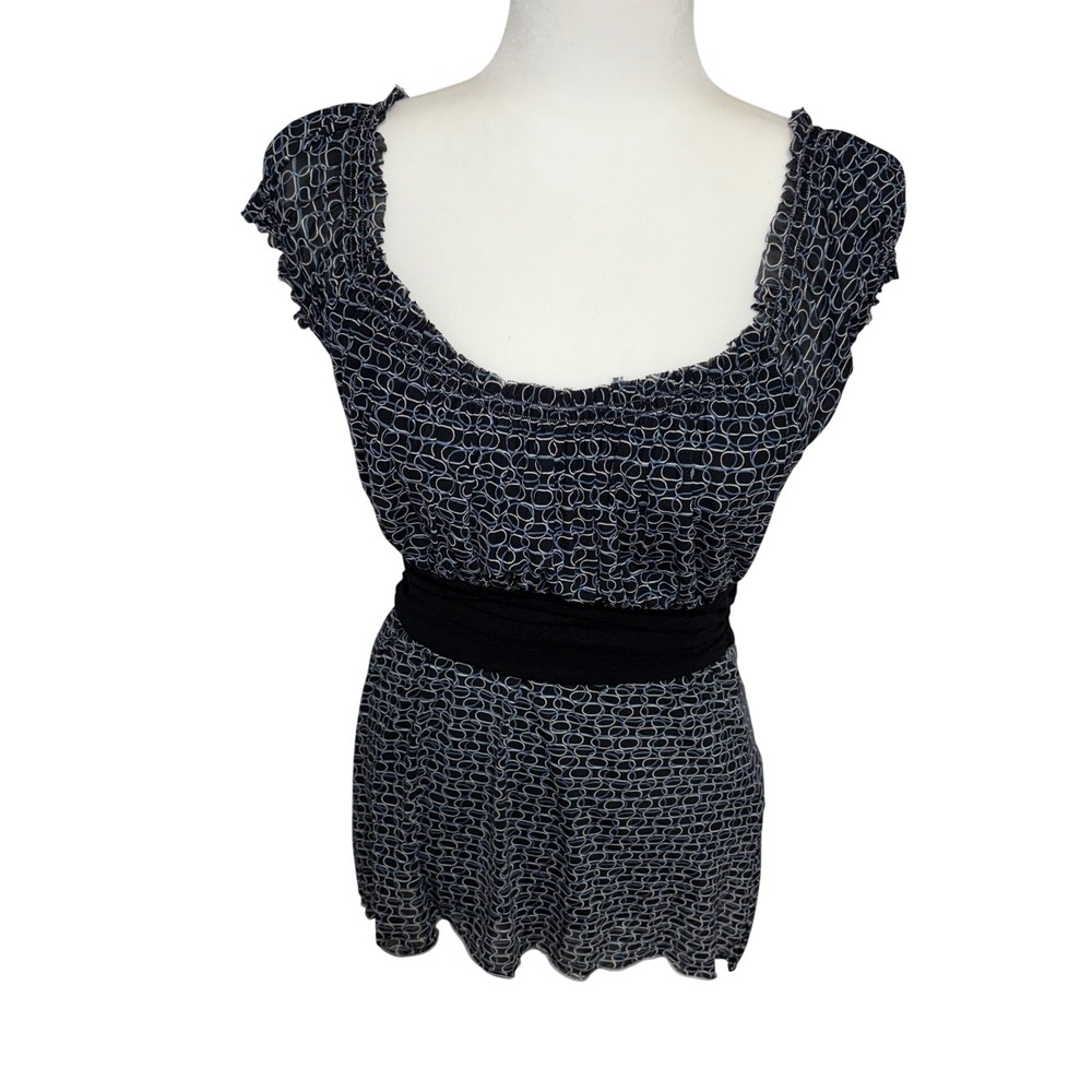 Max Studio Specialty Black Blue Geometric Babydoll Top Women's Small Office Chic